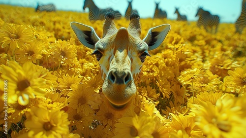 Obraz na płótnie Giraffe amidst vibrant yellow flowers w salonie