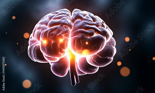 Glowing brain with highlighted areas, indicating active neural activity