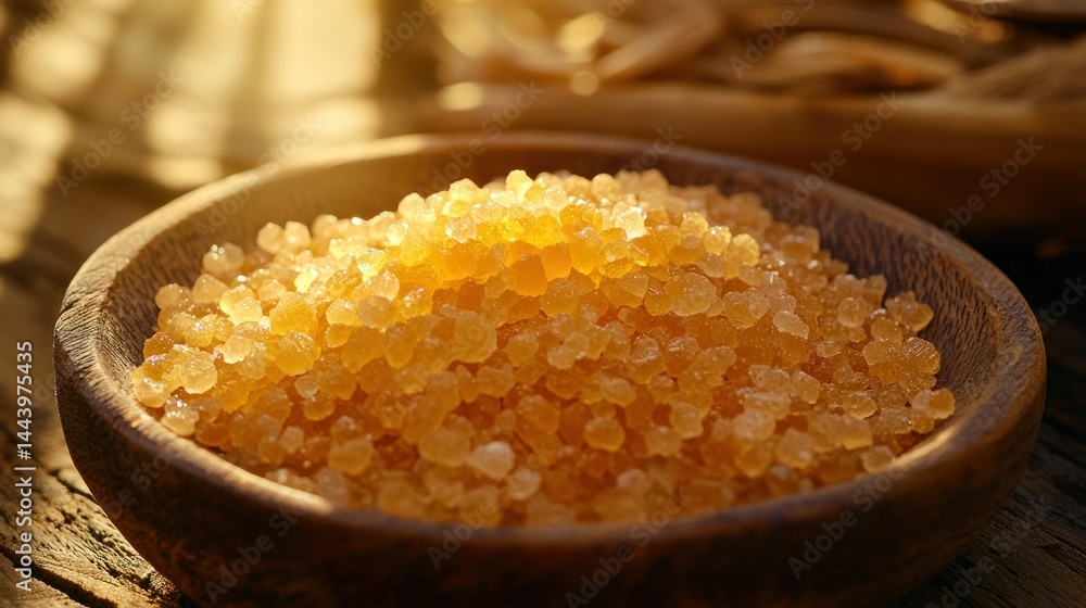 Golden brown sugar crystals in a wooden bowl