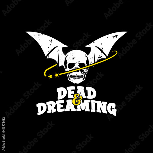 art skull thinking reaching for a dream with stars and dead & dream typography