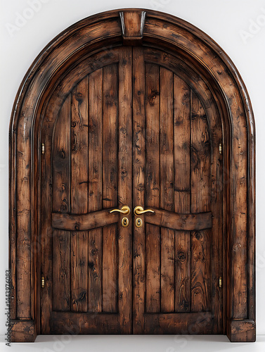 dark brown arched wooden door with gold handle