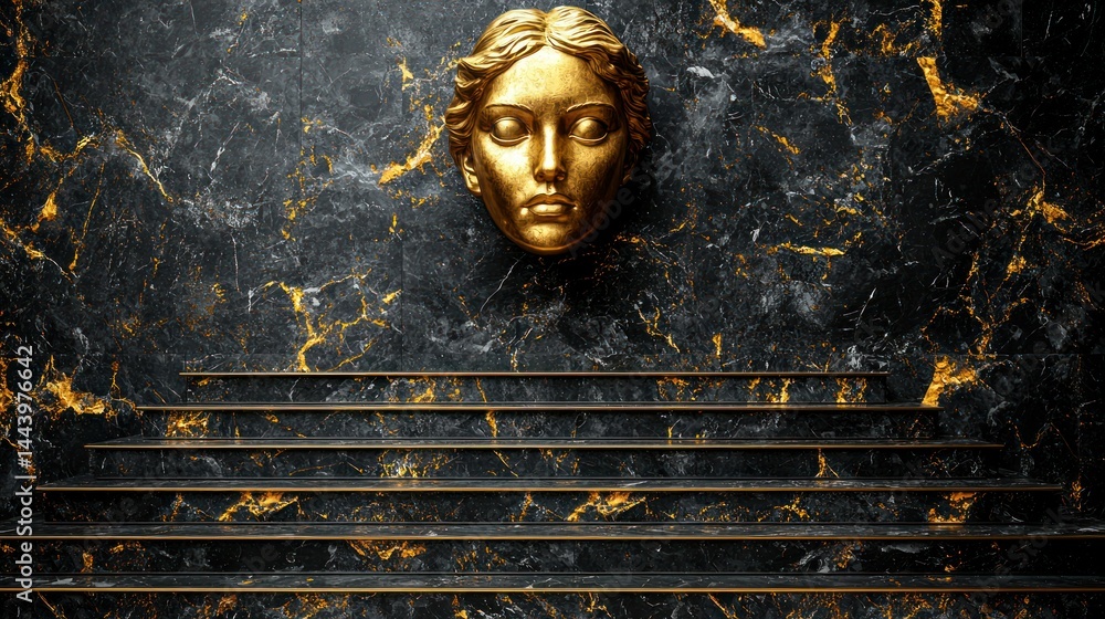 Golden face on dark marble steps