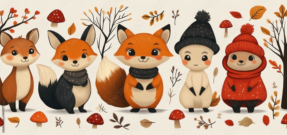 Naklejka premium Adorable Autumn Animals: Foxes, Hedgehog, and Sheep in Cozy Winter Outfits