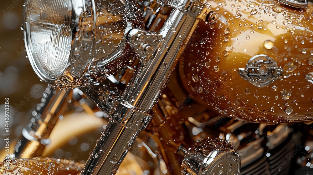 Golden motorcycle, wet with rain