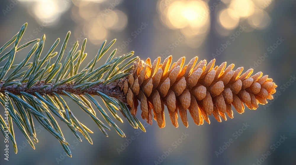 Golden pine cone on branch