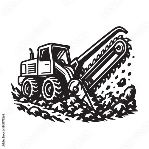 Pipeline trencher digging through rocky soil vector illustration
