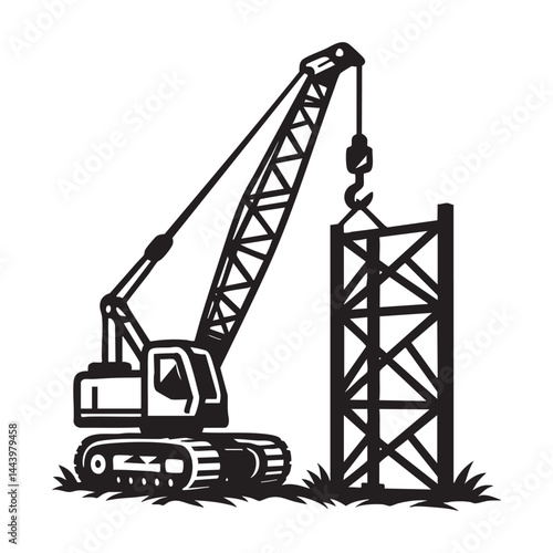 Crawler crane assembling tower structure vector illustration