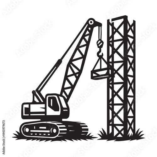 Crawler crane assembling tower structure vector illustration