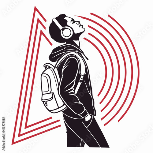 Black Man With Headphones Listening Music Graphic Vector Illustration