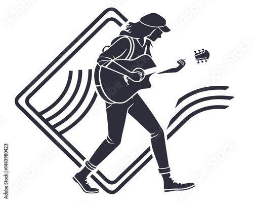 Stylized Guitarist Illustration With Geometric Shapes On White Background