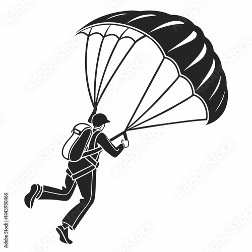 Parachutist With Parachute Vector Illustration Black And White Isolated On White