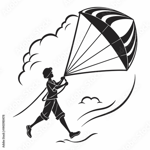 Silhouette Of Man With Parachute On Beach Adventure Sport Icon