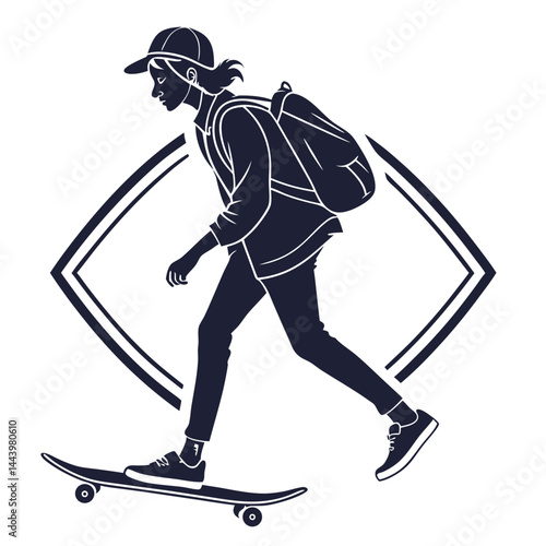Silhouette Of Skater Girl On Skateboard With Backpack And Cap Vector Graphic