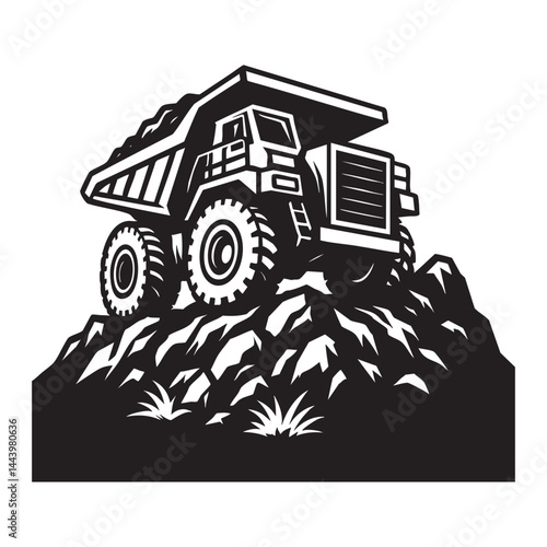 Mining dump truck climbing rocky hill vector illustration