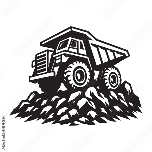 Mining dump truck climbing rocky hill vector illustration