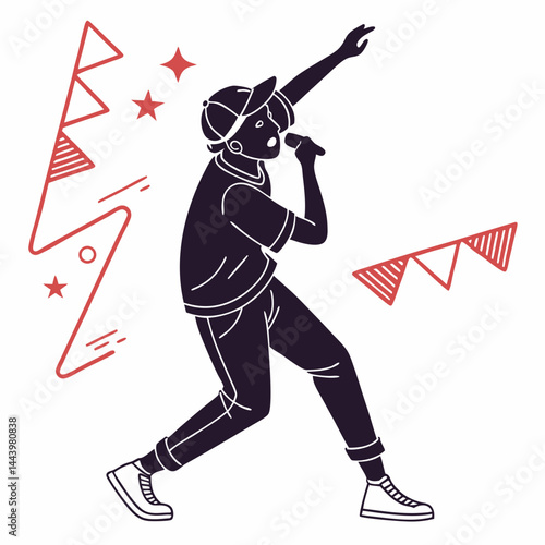 Male Singer Performing With Microphone At Party Celebration Outlined Illustration