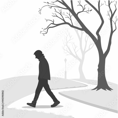 Man Walking Park Silhouette Urban Monochrome Scenery Tree Gray Scale