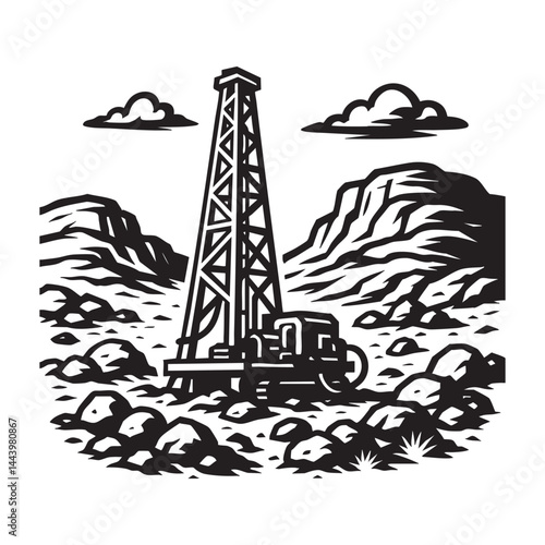 Drilling rig operating in rocky desert vector illustration