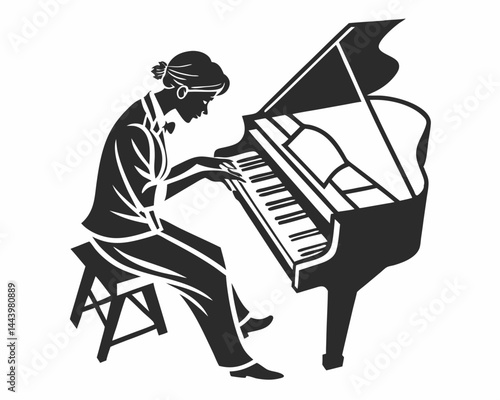 Elegant Silhouette Of Woman Playing Grand Piano Musical Performance Vector