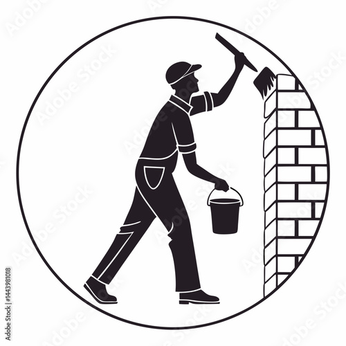 Construction Worker Restoring Brick Wall Silhouette Vector Illustration Design Art