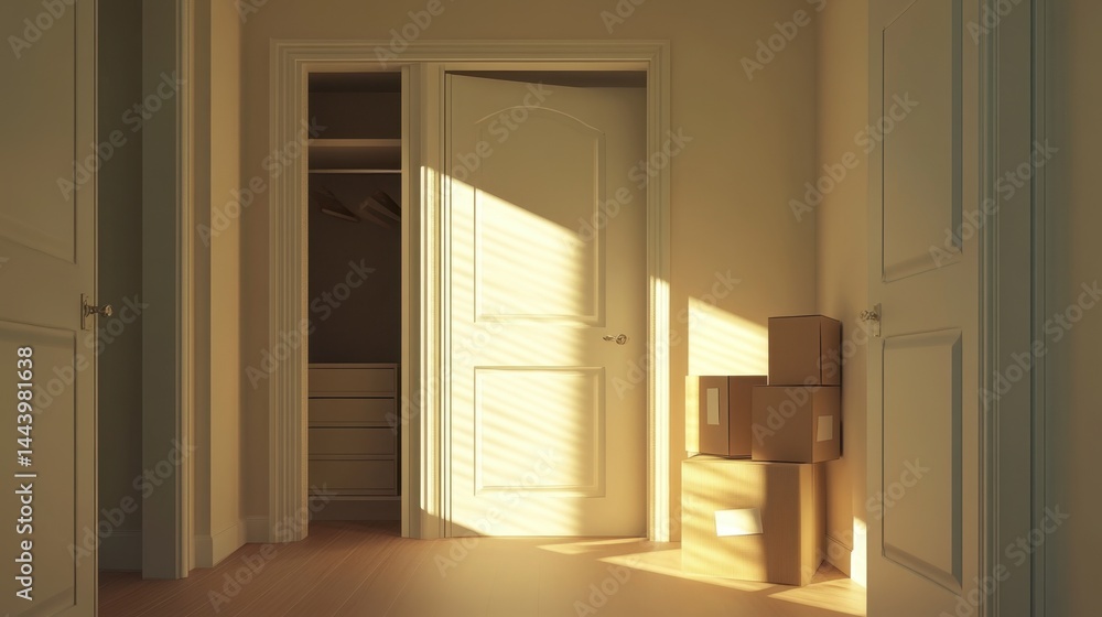 Fototapeta premium Half-empty wardrobe with labeled boxes on the floor representing downsizing process