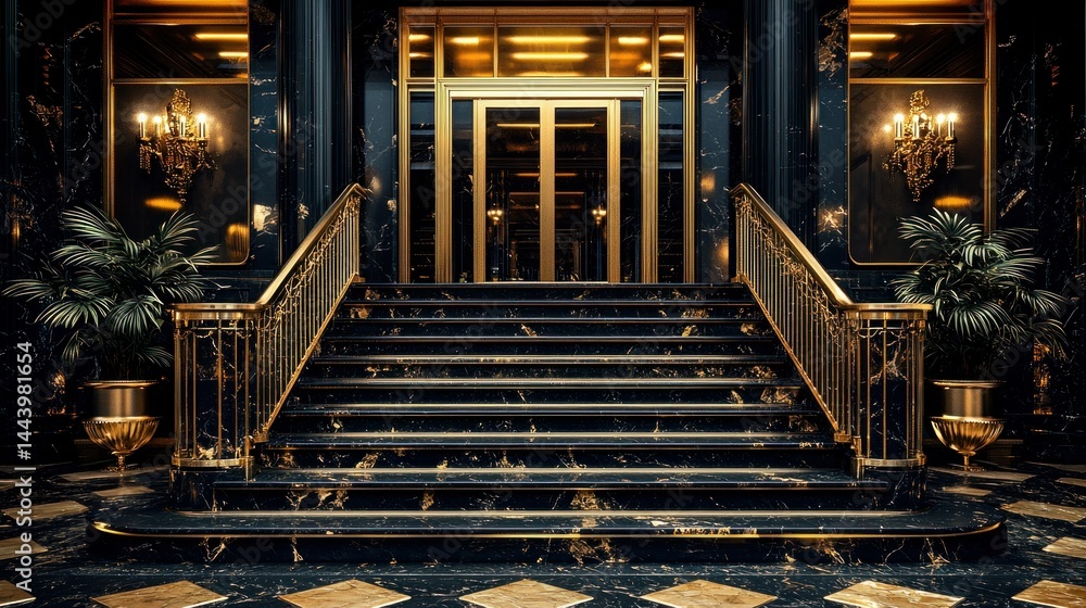 Grand entrance to a luxury building. Dark marble steps, gold accents, and elegant lighting