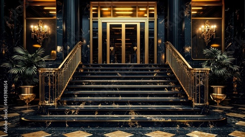 Obraz na płótnie Grand entrance to a luxury building. Dark marble steps, gold accents, and elegant lighting w salonie