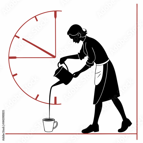 Time For Coffee Silhouette Of Woman Pouring Drink Against Clock Graphic