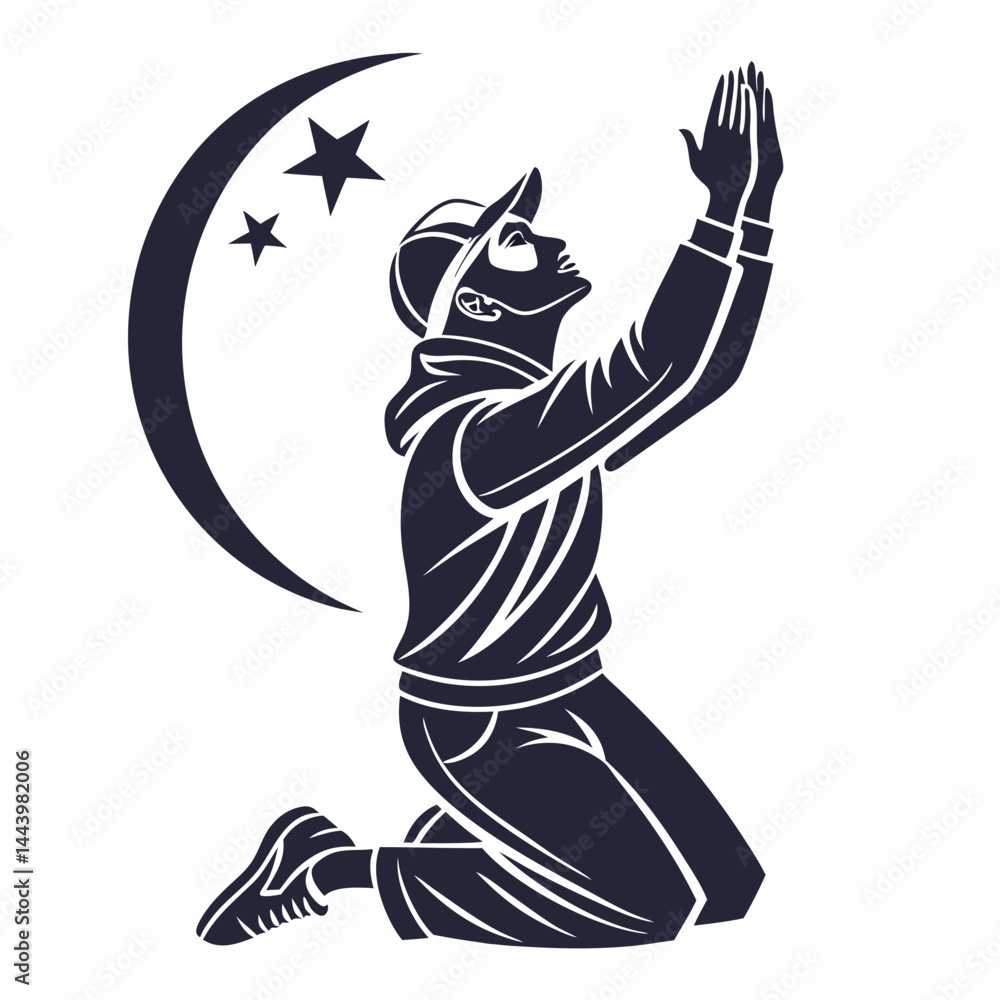 Fototapeta premium Man Praying Silhouette With Moon And Stars Graphic Illustration Symbol