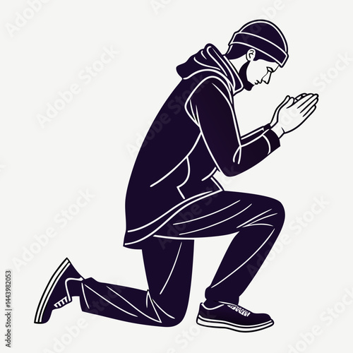 Man Kneeling In Prayer Illustration Minimalist Design Black And White Aesthetic