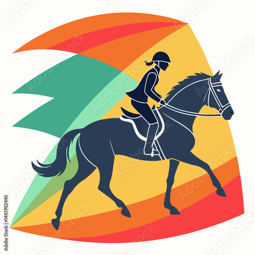 Horse And Rider Illustration With Colorful Retro Background Equestrian Sport