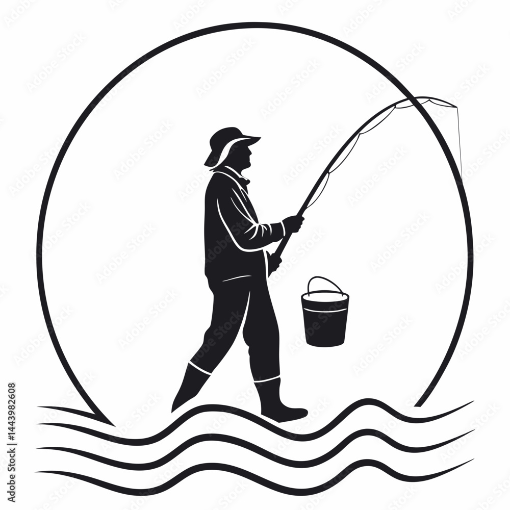 Obraz premium Silhouette Of Fisherman Holding A Rod Over Water With Circle