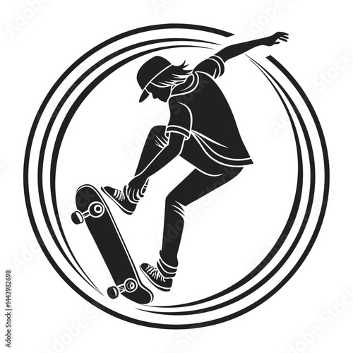 Skateboarder In Action Black And White Vector Illustration Graphic Design Element
