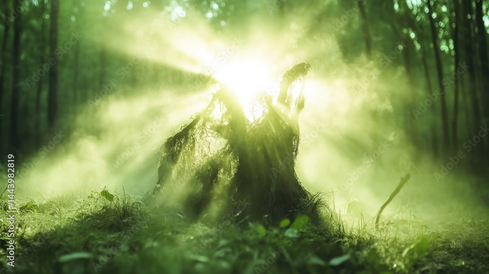 Fototapeta premium Sunlight filters through forest mist, illuminating a gnarled tree root
