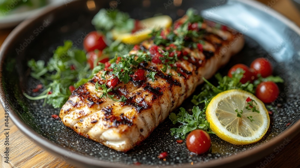 Grilled fish with lemon, herbs, and tomatoes