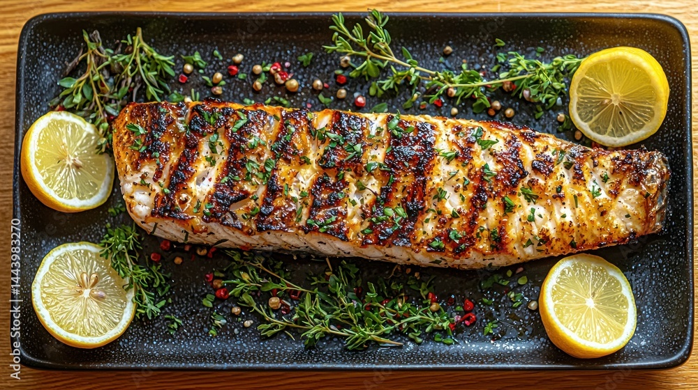 Grilled fish fillet with lemon and herbs
