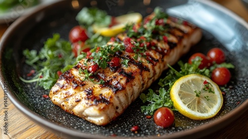 Obraz na płótnie Grilled fish with lemon, herbs, and tomatoes w salonie