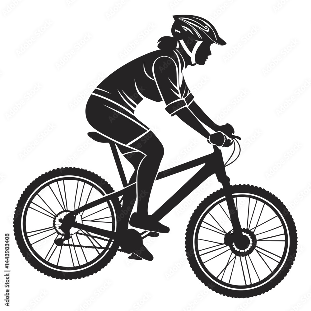 Naklejka premium Woman Rides Mountain Bike Silhouette Black And White Vector Illustration