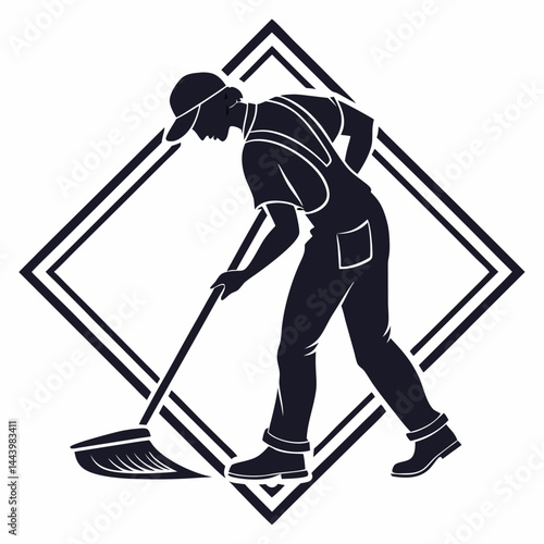 Silhouette Of A Worker Sweeping With A Broom On White Background