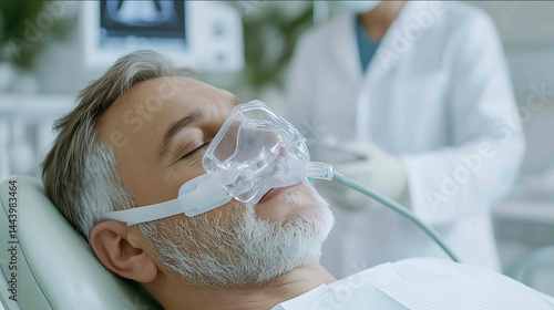 Slavic adult patient reclined on a dental chair wearing a sedation mask that covers mouth nose and chin with an oxygen tube attached two doctors in white coats and gloves supervisin