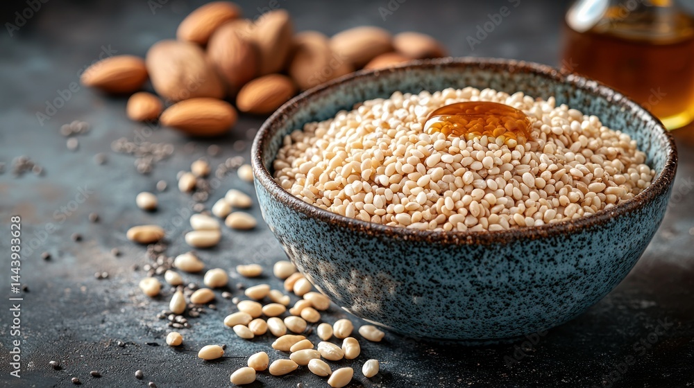 Healthy breakfast bowl with toasted grains, honey, nuts, and seeds