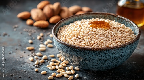 Obraz na płótnie Healthy breakfast bowl with toasted grains, honey, nuts, and seeds w salonie
