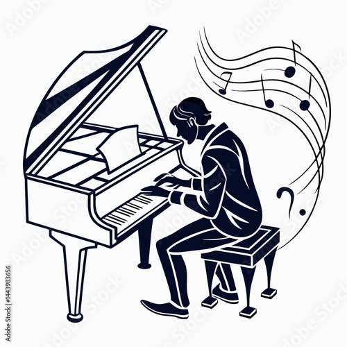 Elegant Piano Player Vector Illustration With Music Notes Design Concept