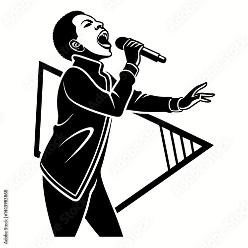 Silhouette Of A Female Singer With Microphone And Geometric Triangle Background
