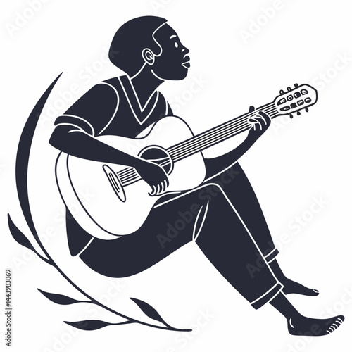 Silhouette Of A Young Man Playing Guitar With Leaf Accent