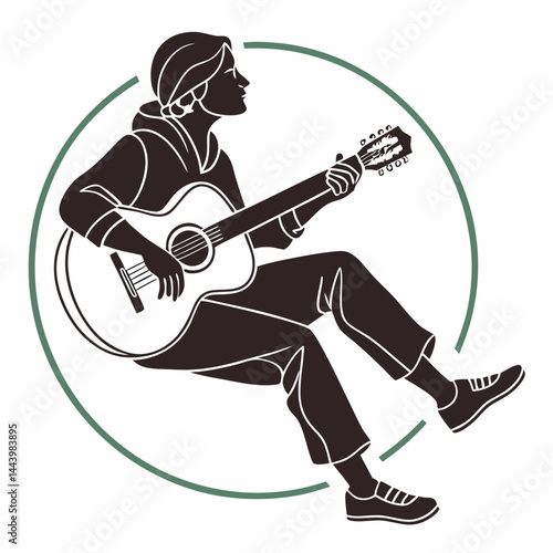 Silhouette Of Woman Playing Guitar With Green Circle Element Vector Illustration