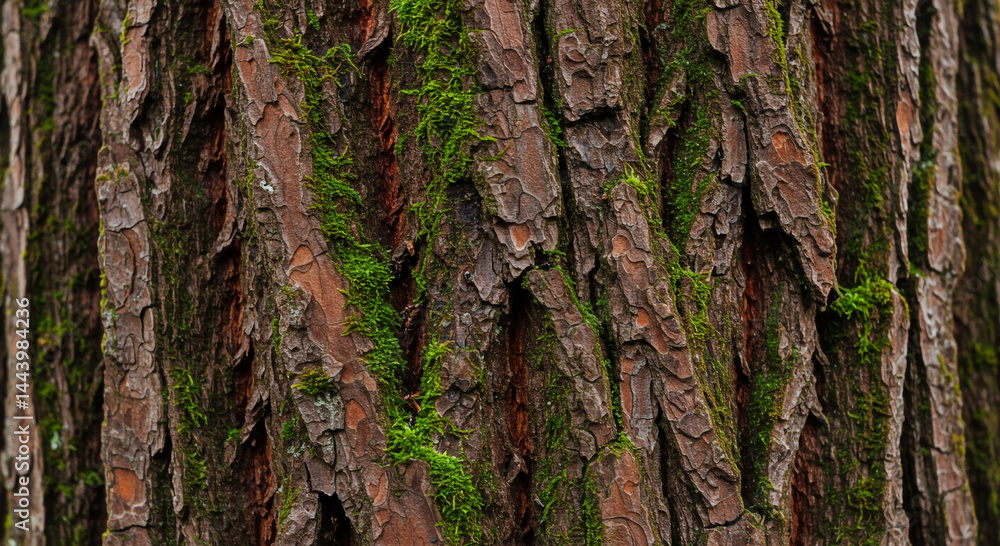 Obraz premium Textured tree bark with intricate patterns and green moss accents showcasing nature's beauty and organic designs in vivid detail.