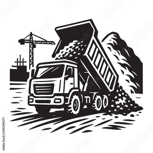 Dump truck unloading gravel on construction site vector illustration