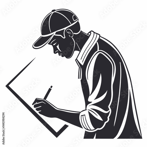 Silhouette Of Architect Drawing On Paper With Pencil Wearing Baseball Cap