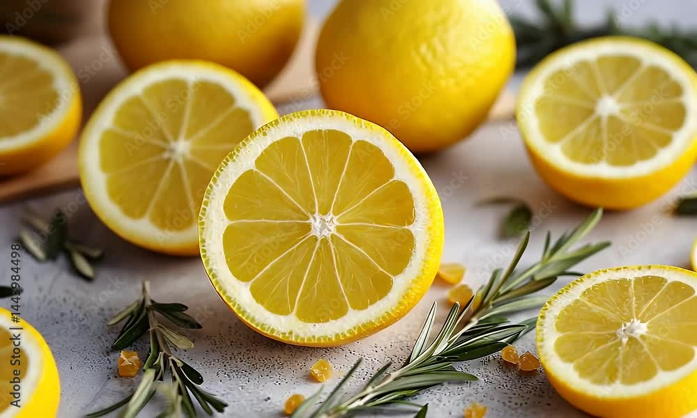 Vibrant Yellow Lemon Slices with Fresh Rosemary on Light Backdrop Showing Juicy Segments And White Pith For Food Vibrant Yellow Lemon Slices with Fresh Rosemary on Light Backdrop Showing Juicy Segments And White Pith For Food